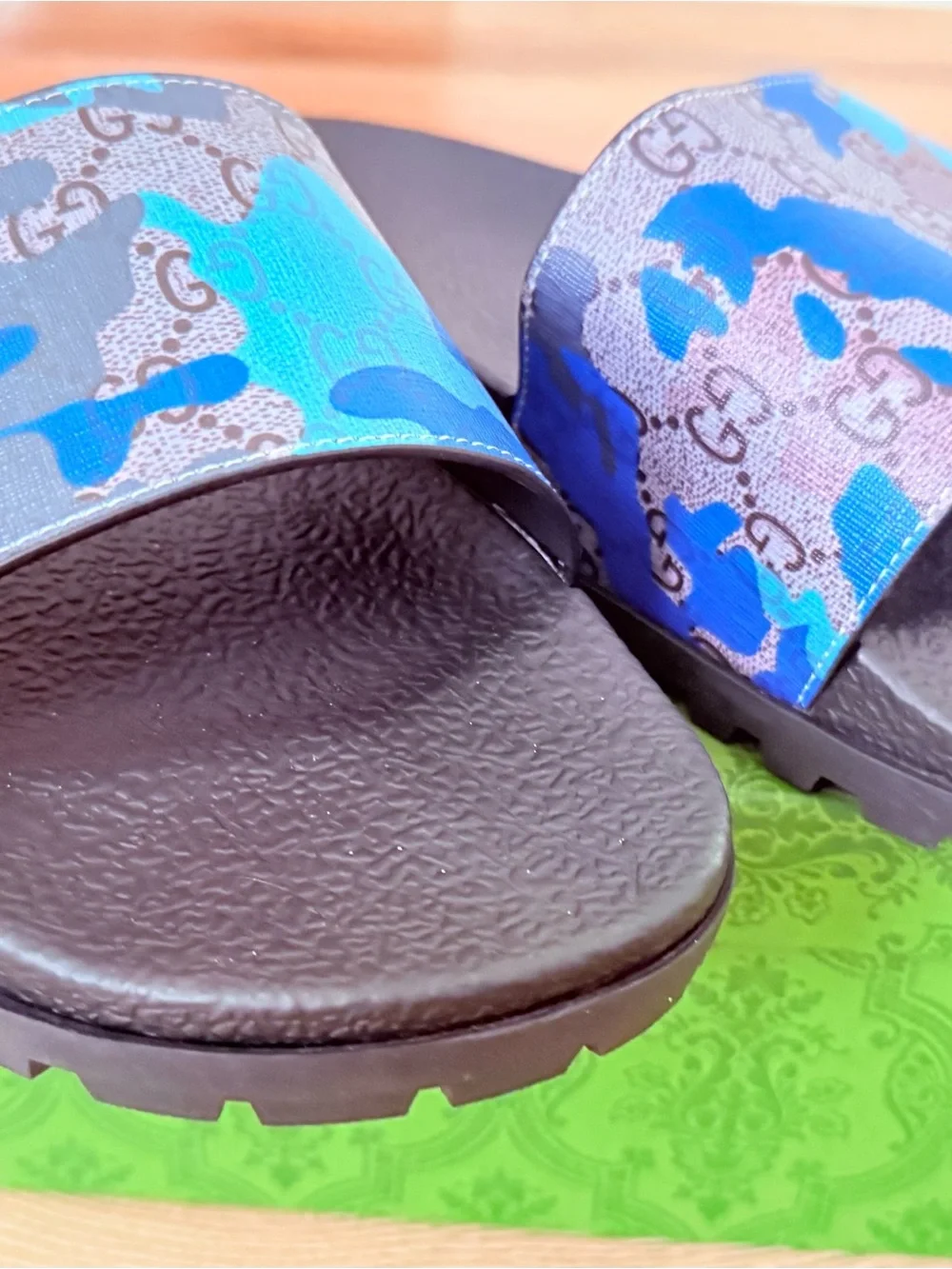 Gucci Blue Camo GG Slide Sandals